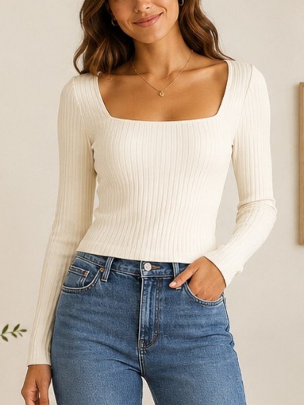 nine britton Cream Ribbed Long Sleeve Square Neck Top